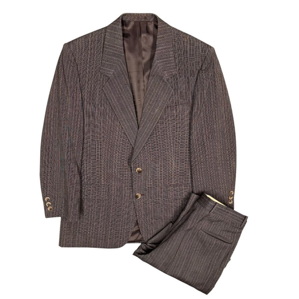 Vintage Oakton Suit 2pc Striped Wool Brown 40 S 32x27
